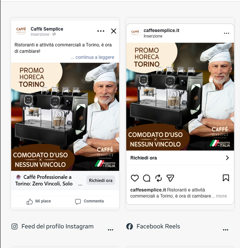 Screenshot della campagna Caffè Semplice per il settore Ho.Re.Ca., con le anteprime degli annunci Facebook e Instagram.