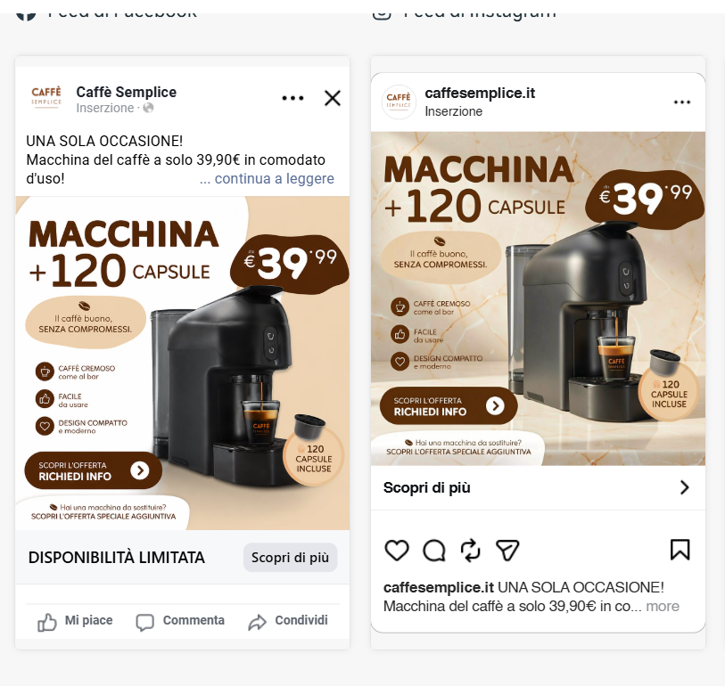 Screenshot della campagna Caffè Semplice per i privati, con la promozione di una macchina da caffè e 120 capsule.
