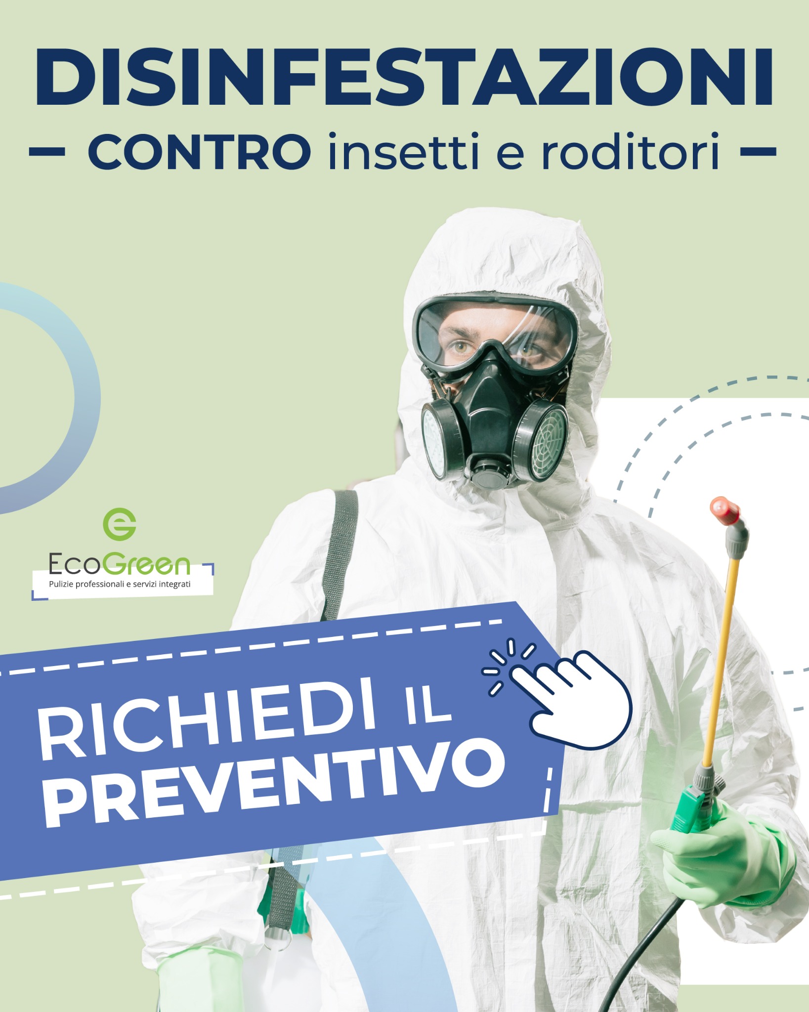 Creatività EcoGreen dedicata alle disinfestazioni contro insetti e roditori, con invito a richiedere un preventivo.